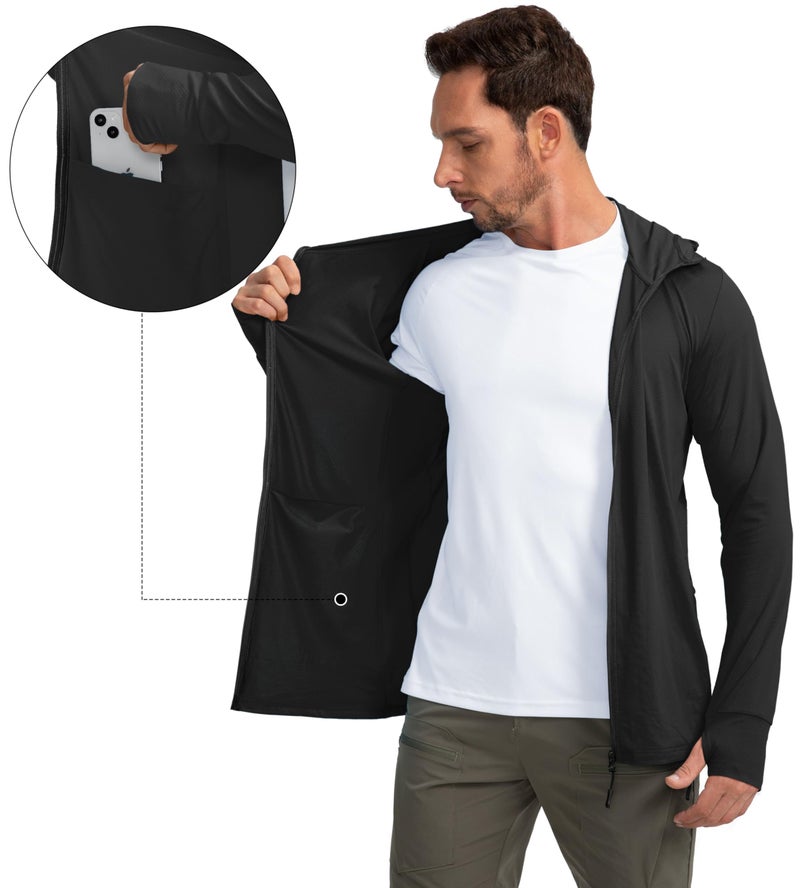 Sejuani Men's UPF 50+ Light Jacket Full Zip Sun Protection Hoodie Long Sleeve Sun Shirts for Men Hiking Fishing Zip Pockets(Black_XL) - Image 4